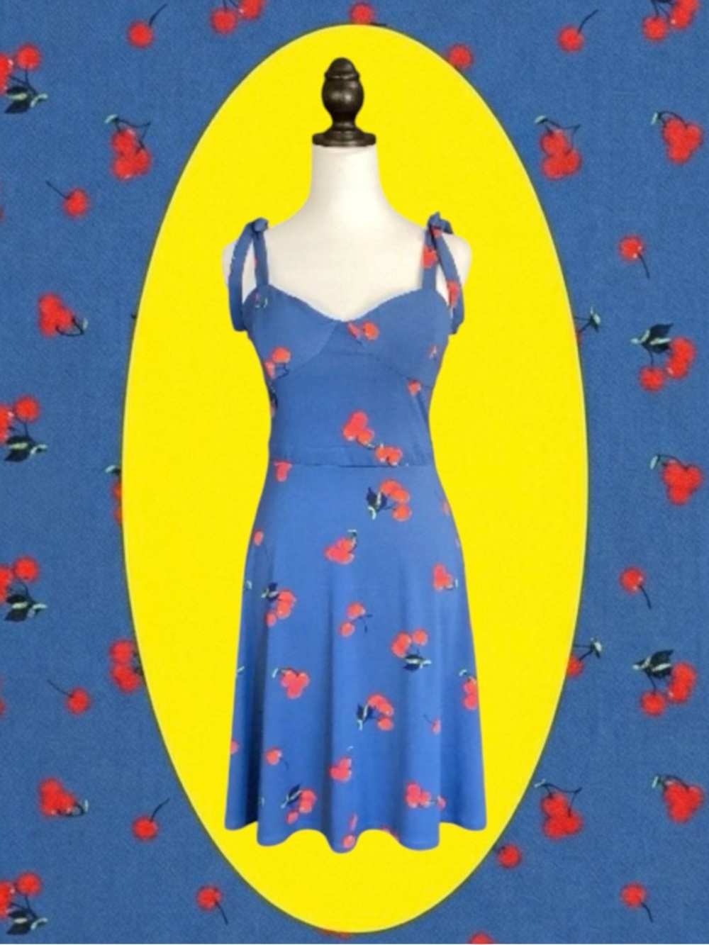 ModCloth Retro Blue & Red Cherry Print Tie-Strap Smocked Back Mini Dress Size M